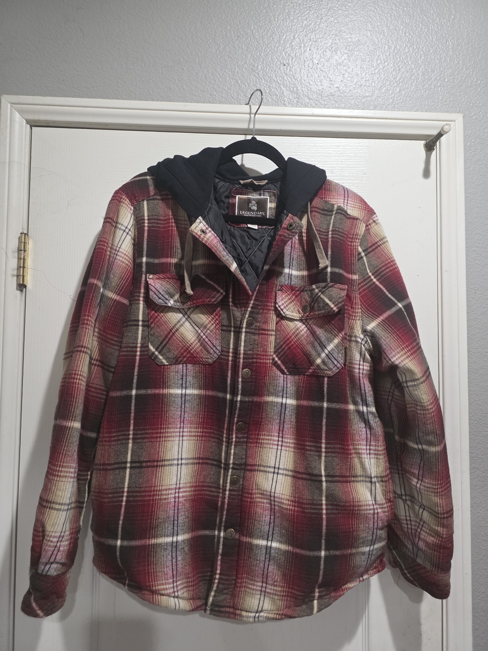 Legendary Outfitters Red Plaid Hooded Flannel Shirt Jacket
